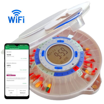 Pilulier WIFI intelligent avec alarme DOSECONTROL incl. 2 mois de service Premium gratuit | Modèle 2021 | Couvercle mat | Anneaux de dosage en français | Commande à distance et notification via l'application Android