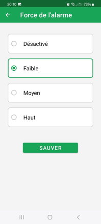 Aperçu de l'intensité de l'alarme - désactivée, faible, moyenne ou élevée