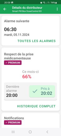 Menu principal clair avec indication de l'alarme suivante, du pourcentage de conformité du prélèvement et de l'état des notifications