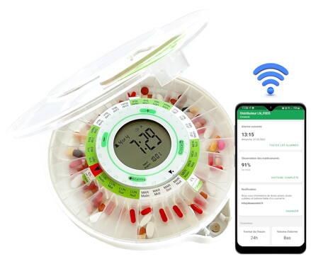 Pilulier BLUETOOTH automatique intelligent DoseControl | Avec chargeur | Modèle 2021 | Couvercle transparent | Modèles de dosage en français | Contrôle et surveillance à distance via l'application Android